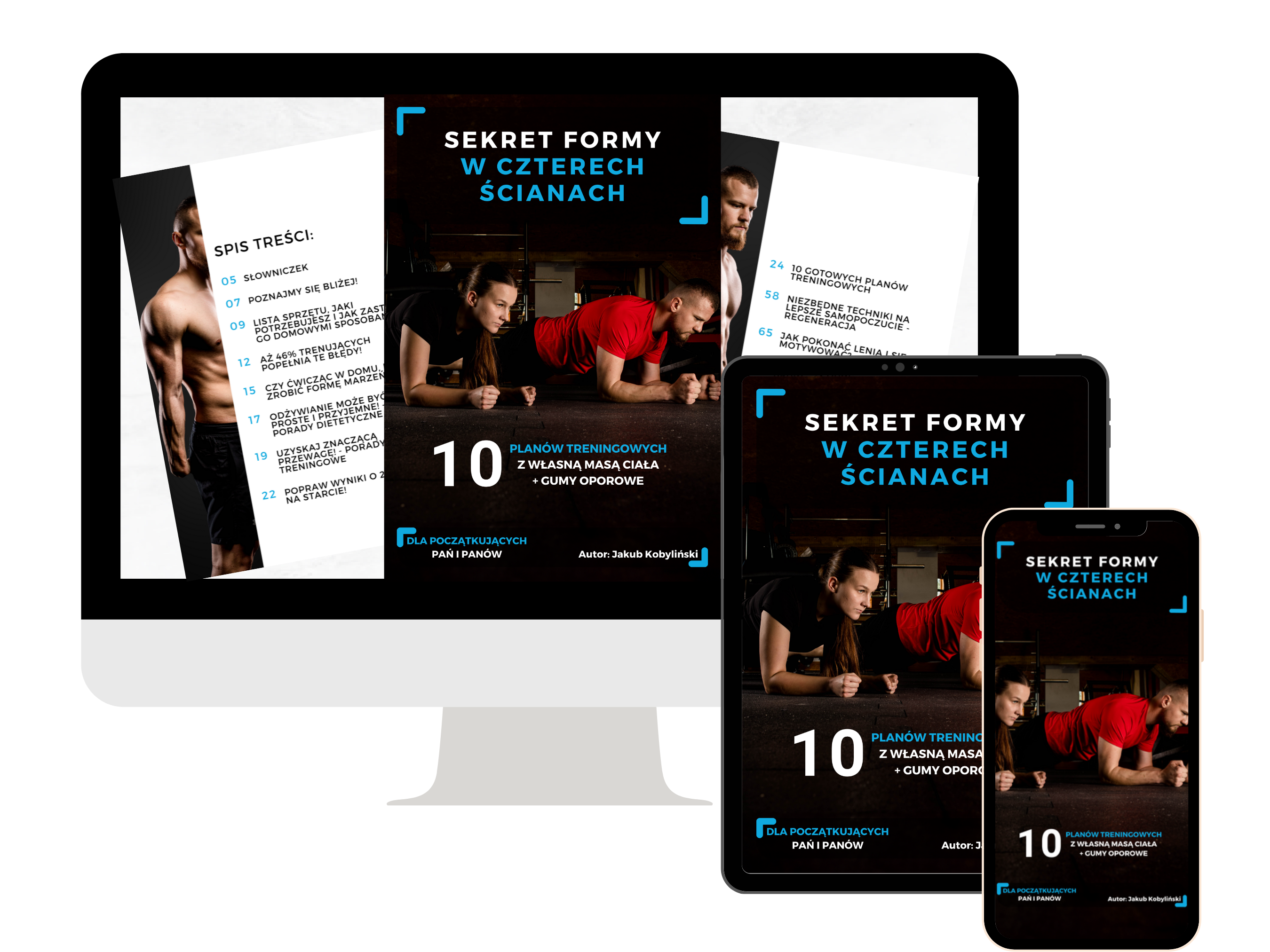 E-book 'Sekret formy w czterech ścianach - dla początkujących' dostępny na różnych urządzeniach, umożliwiający trening gdziekolwiek jesteś.